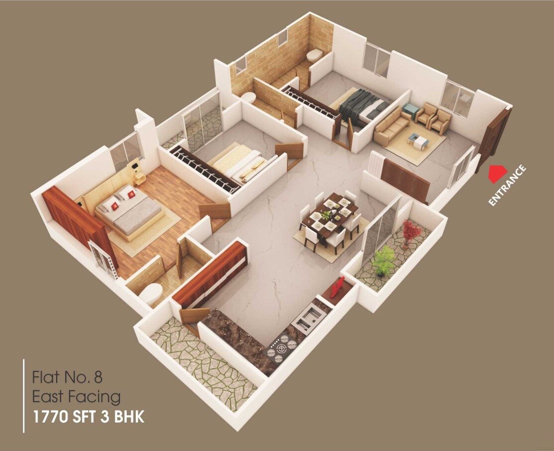 Floor plan of 3 BHK 1770 Sq. Ft. Apartment in Nirvana Nandanavanam, Hyderabad