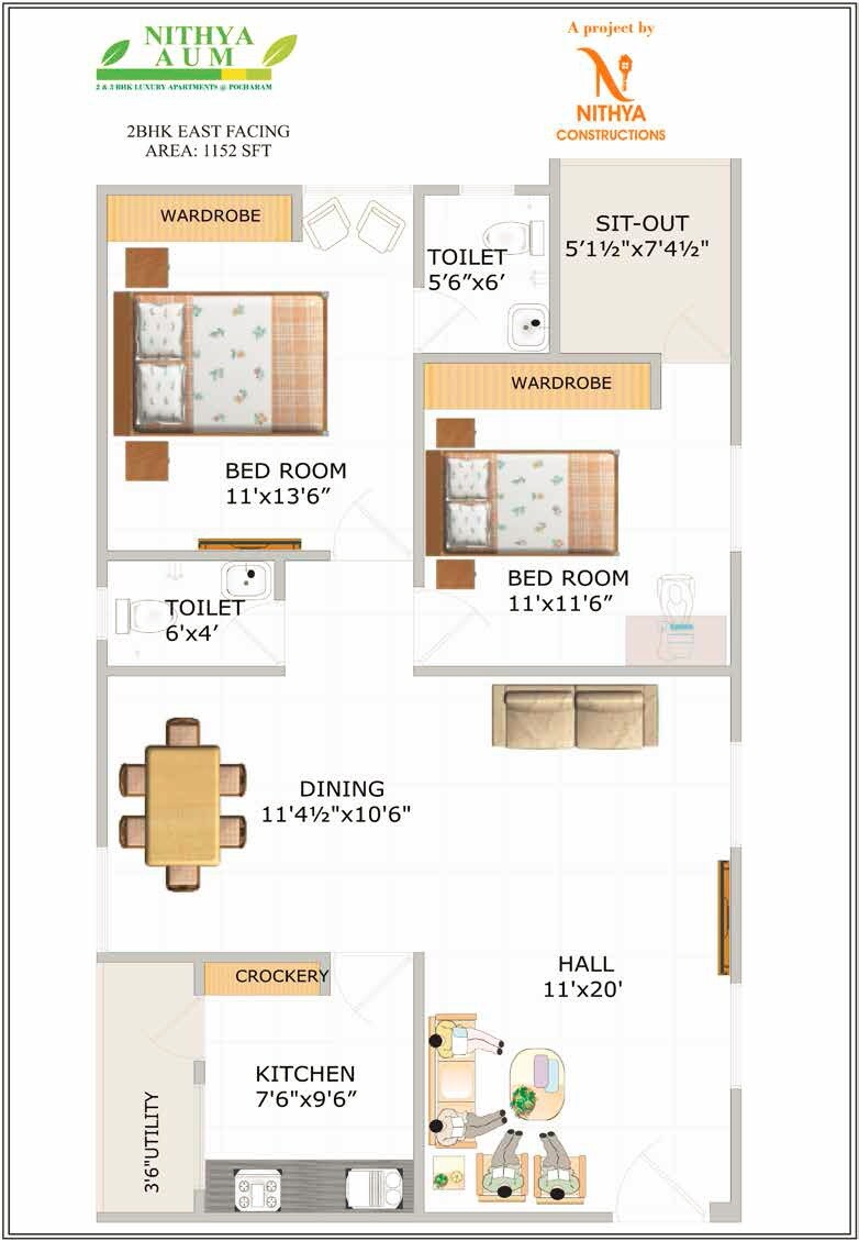 Floor plan of 2 BHK 1150 Sq. Ft. Apartment in Nithya Aum, Hyderabad
