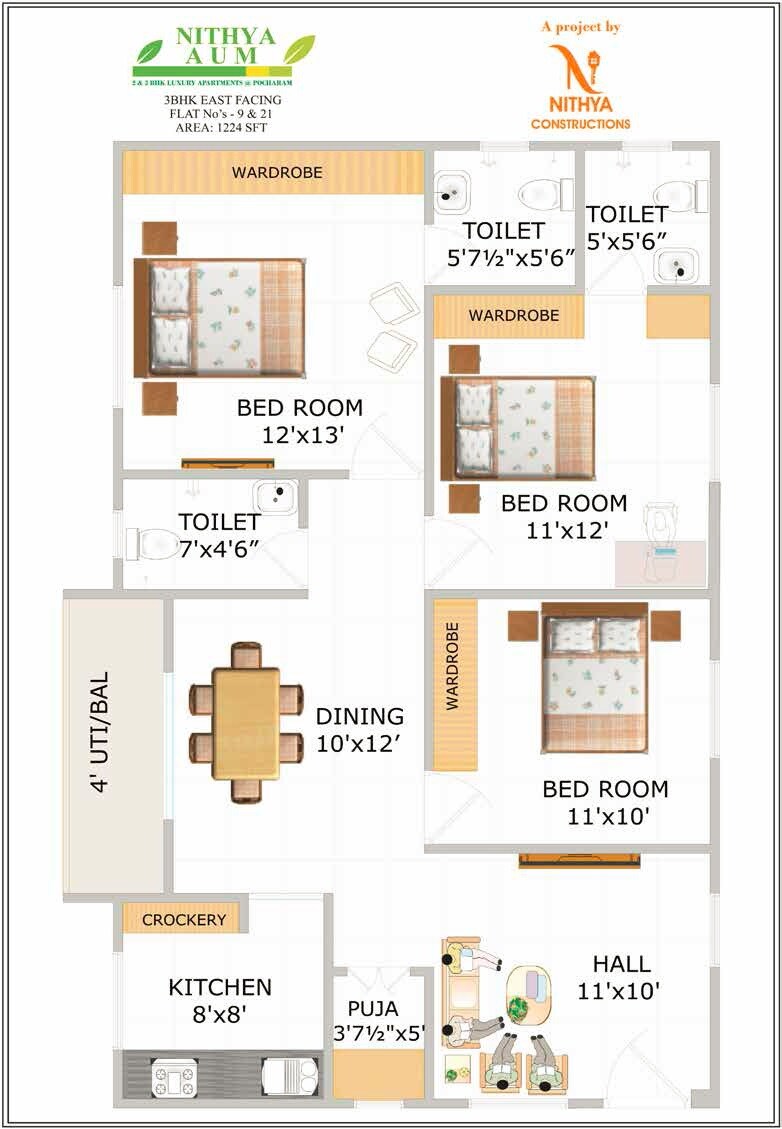 Floor plan of 3 BHK 1224 Sq. Ft. Apartment in Nithya Aum, Hyderabad