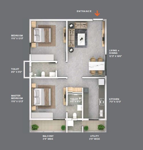 Floor plan of 2 BHK 1199 Sq. Ft. Apartment in NJC The Line, Hyderabad