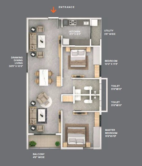 Floor plan of 2 BHK 1353 Sq. Ft. Apartment in NJC The Line, Hyderabad