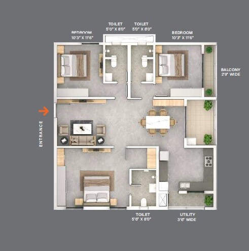 Floor plan of 3 BHK 1658 Sq. Ft. Apartment in NJC The Line, Hyderabad