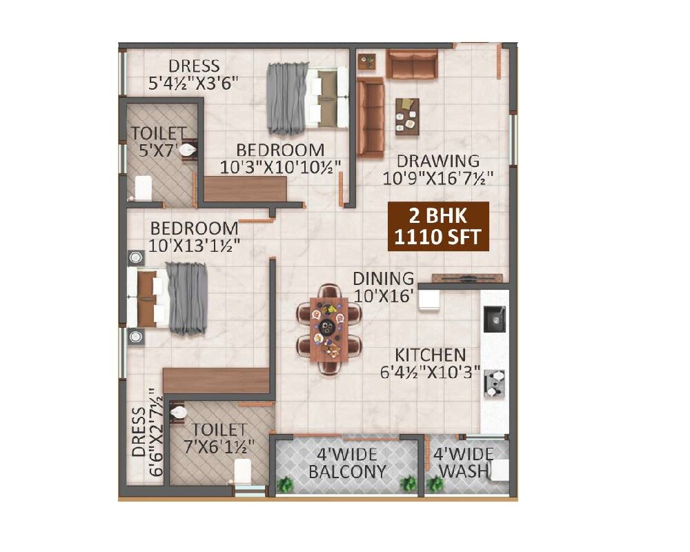 Floor plan of 2 BHK 1110 Sq. Ft. Apartment in NJR Aavasa, Hyderabad
