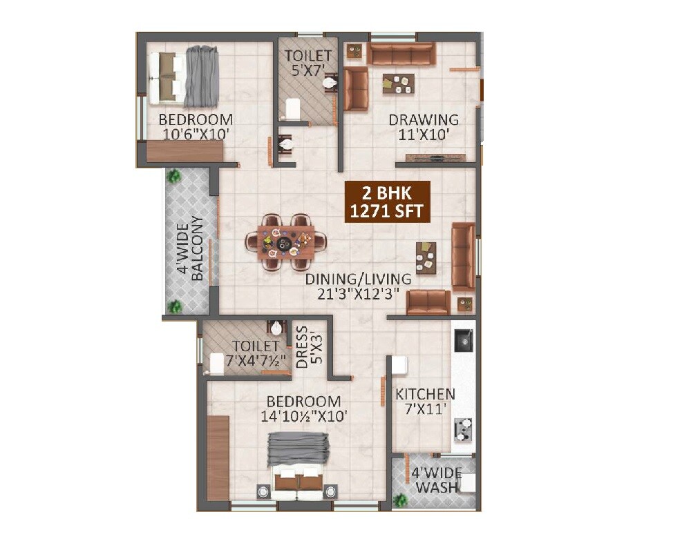 Floor plan of 2 BHK 1271 Sq. Ft. Apartment in NJR Aavasa, Hyderabad