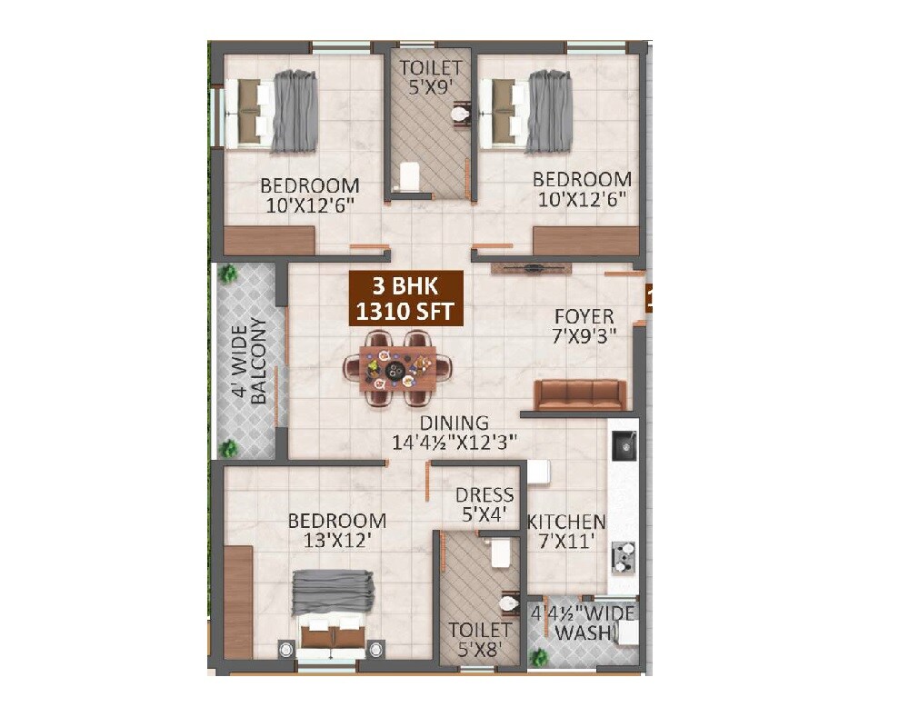 Floor plan of 3 BHK 1310 Sq. Ft. Apartment in NJR Aavasa, Hyderabad