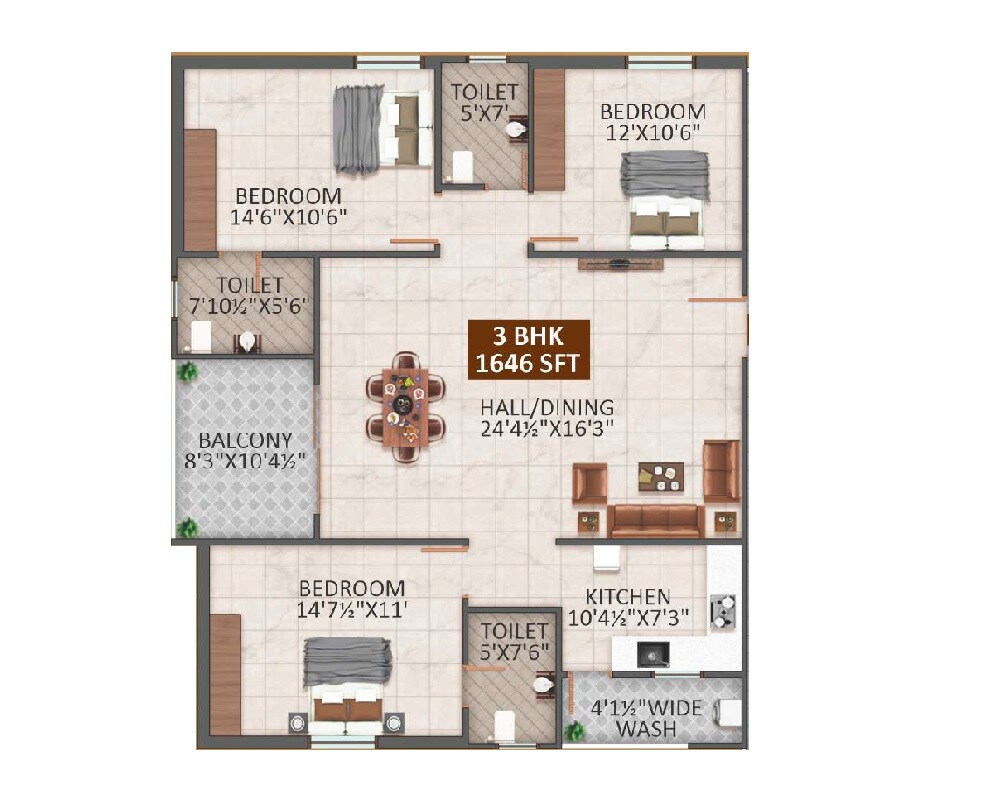 Floor plan of 3 BHK 1646 Sq. Ft. Apartment in NJR Aavasa, Hyderabad