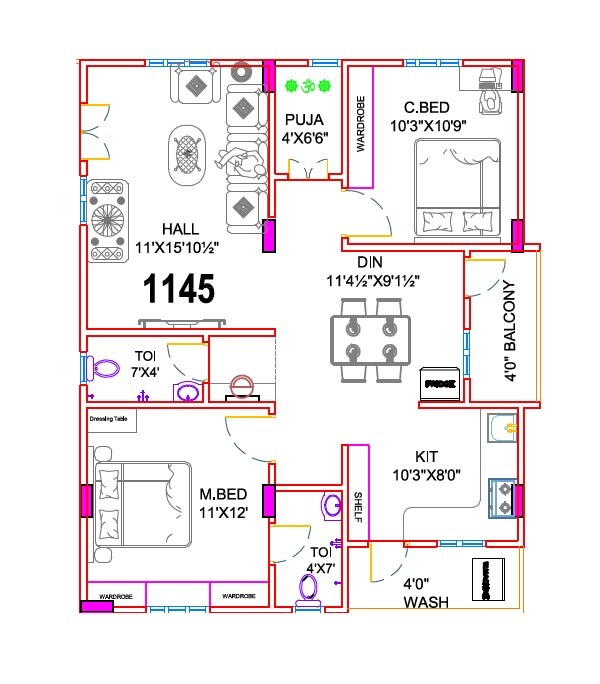 Floor plan of 2 BHK 1145 Sq. Ft. Apartment in NLC Aadya, Hyderabad