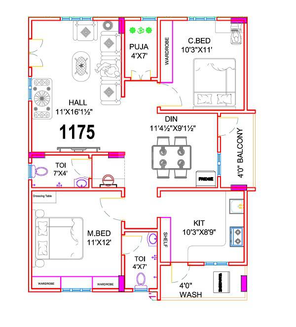 Floor plan of 2 BHK 1175 Sq. Ft. Apartment in NLC Aadya, Hyderabad
