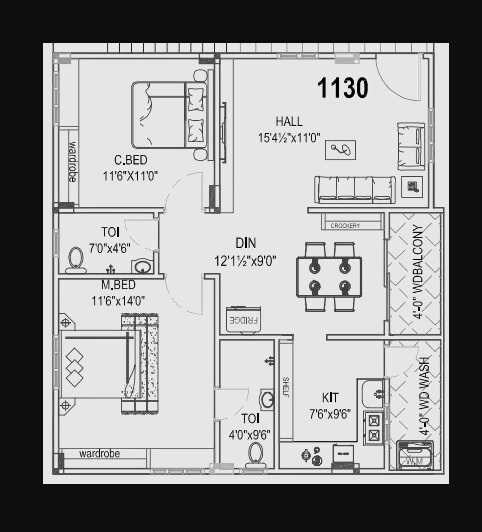 Floor plan of 2 BHK 1130 Sq. Ft. Apartment in NLC Akruthi, Hyderabad