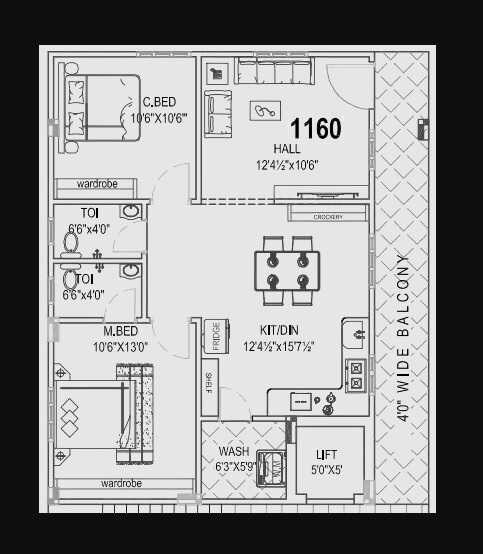 Floor plan of 2 BHK 1160 Sq. Ft. Apartment in NLC Akruthi, Hyderabad