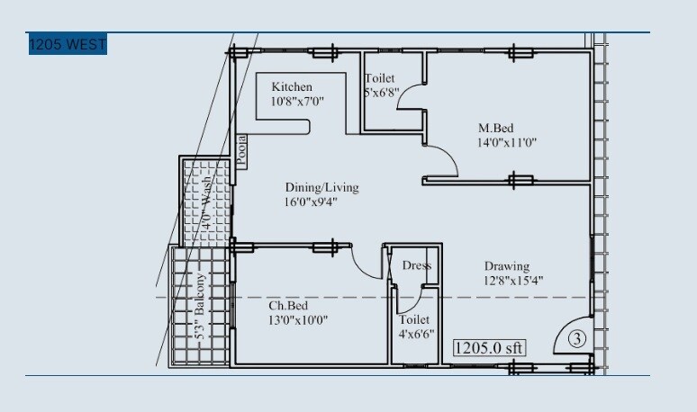 Floor plan of 2 BHK 1205 Sq. Ft. Apartment in NLC Aroha, Hyderabad