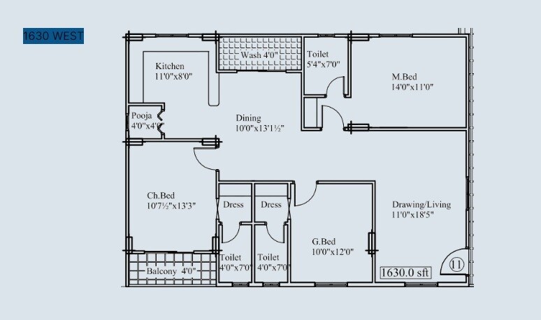 Floor plan of 3 BHK 1630 Sq. Ft. Apartment in NLC Aroha, Hyderabad
