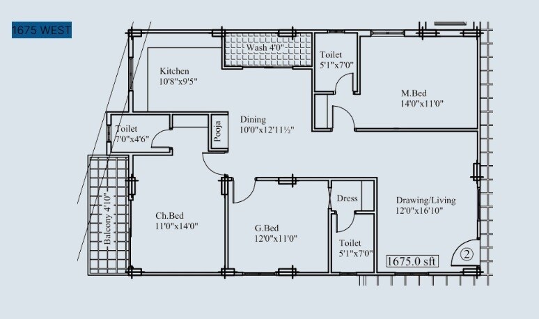 Floor plan of 3 BHK 1675 Sq. Ft. Apartment in NLC Aroha, Hyderabad