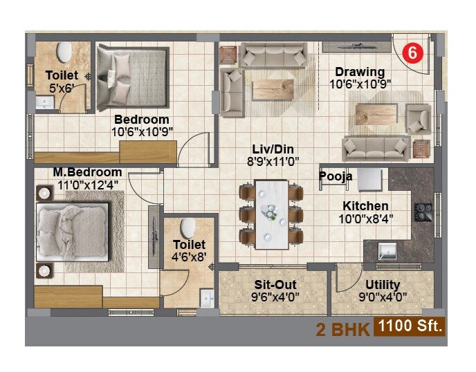 Floor plan of 2 BHK 1100 Sq. Ft. Apartment in NMR Aashrith, Hyderabad