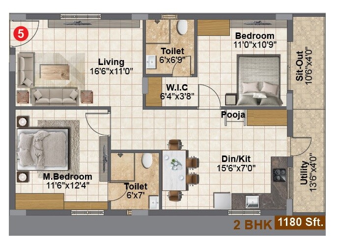 Floor plan of 2 BHK 1180 Sq. Ft. Apartment in NMR Aashrith, Hyderabad