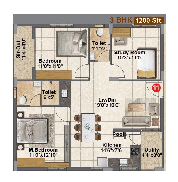 Floor plan of 3 BHK 1200 Sq. Ft. Apartment in NMR Aashrith, Hyderabad