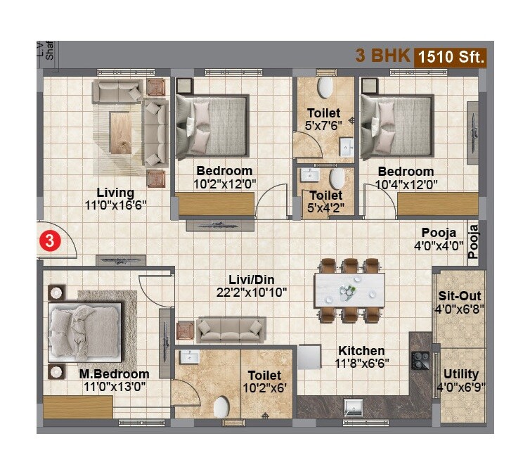 Floor plan of 3 BHK 1510 Sq. Ft. Apartment in NMR Aashrith, Hyderabad