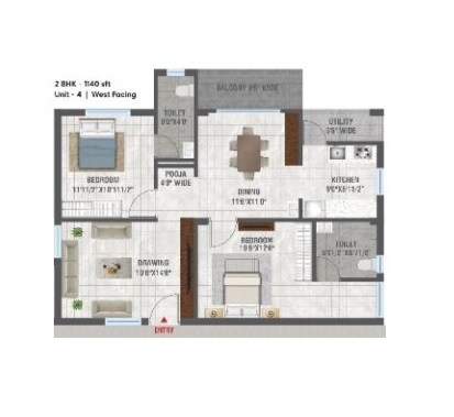 Floor plan of 2 BHK 1140 Sq. Ft. Apartment in NNK Aarna, Hyderabad