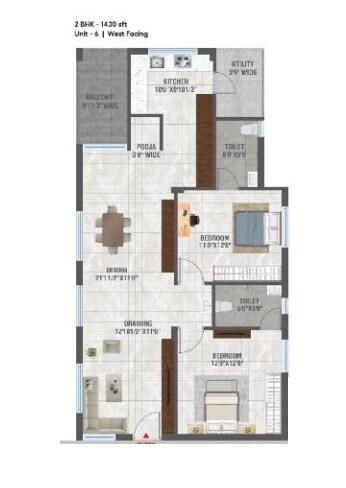 Floor plan of 2 BHK 1430 Sq. Ft. Apartment in NNK Aarna, Hyderabad