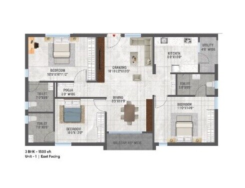 Floor plan of 3 BHK 1500 Sq. Ft. Apartment in NNK Aarna, Hyderabad