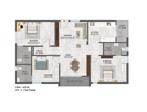 Floor plan of 3 BHK 1610 Sq. Ft. Apartment in NNK Aarna, Hyderabad