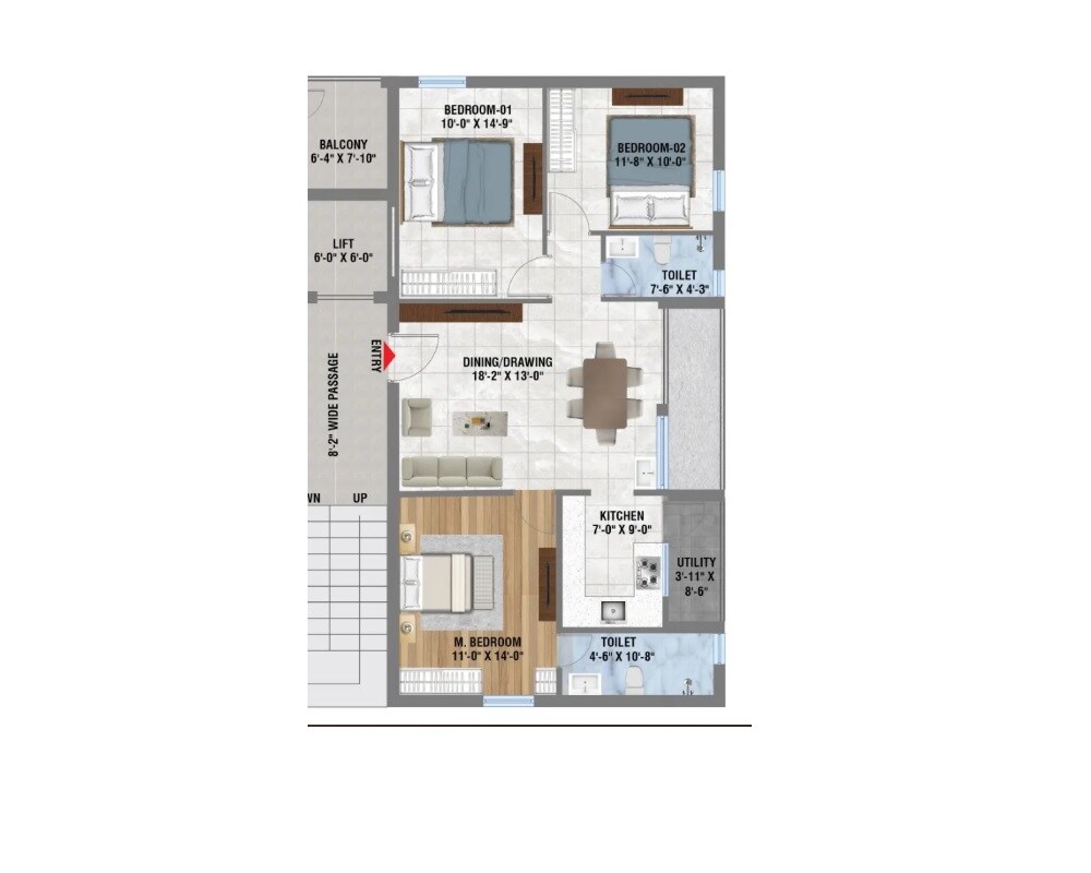 Floor plan of 2 BHK 1310 Sq. Ft. Apartment in NNK Amaya, Hyderabad