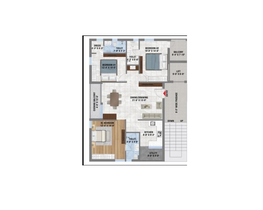 Floor plan of 3 BHK 1600 Sq. Ft. Apartment in NNK Amaya, Hyderabad