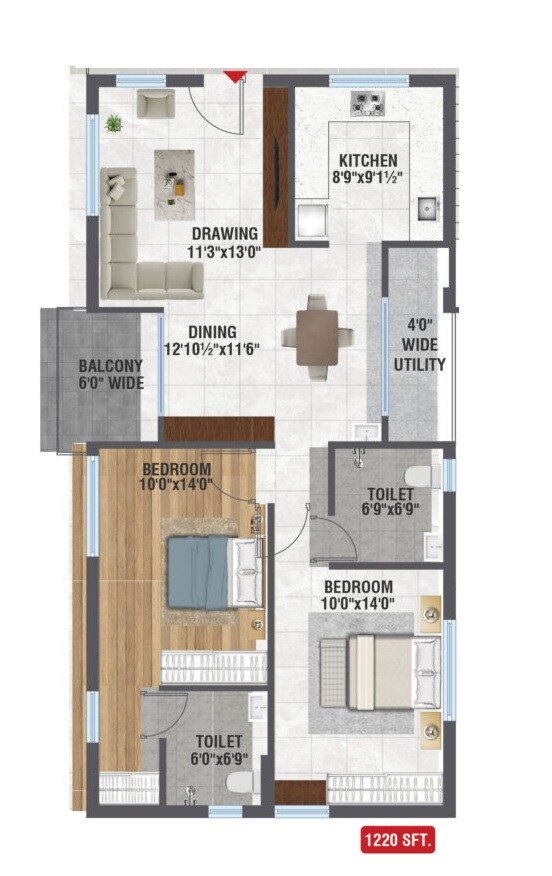 Floor plan of 2 BHK 1220 Sq. Ft. Apartment in NNK Amodha, Hyderabad