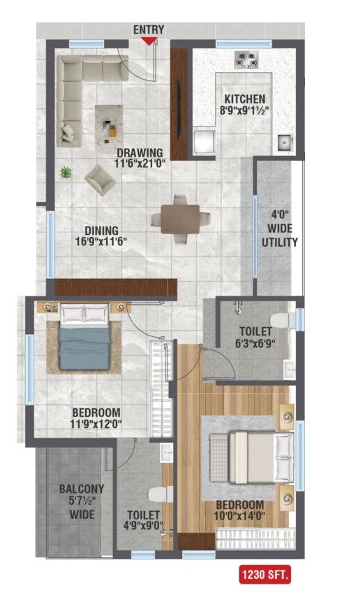 Floor plan of 2 BHK 1230 Sq. Ft. Apartment in NNK Amodha, Hyderabad