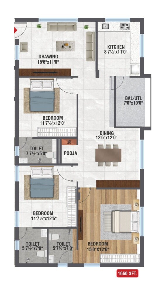 Floor plan of 3 BHK 1660 Sq. Ft. Apartment in NNK Amodha, Hyderabad