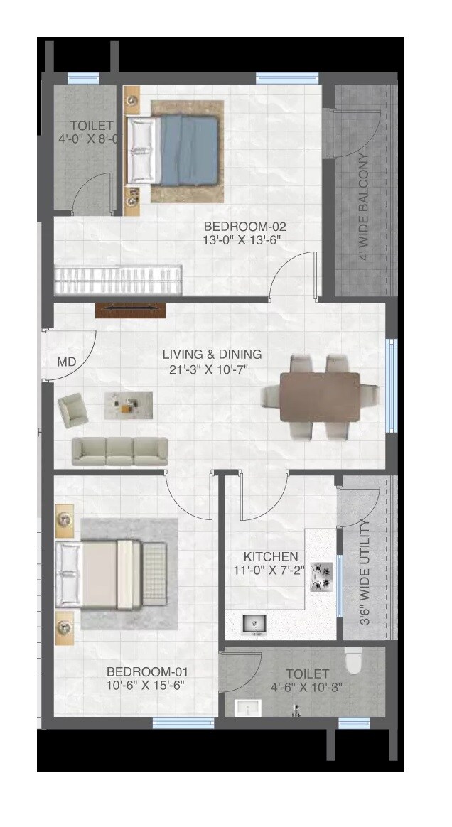 Floor plan of 2 BHK 1200 Sq. Ft. Apartment in NNK Gokula, Hyderabad