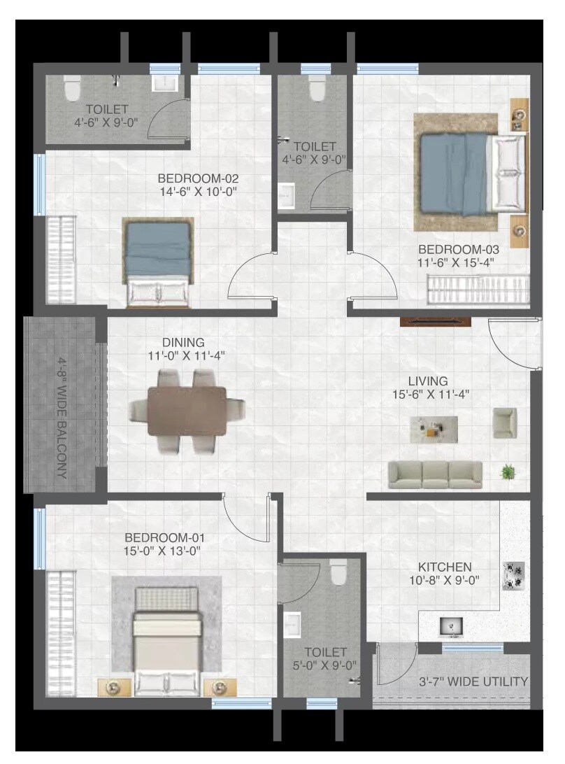 Floor plan of 3 BHK 1715 Sq. Ft. Apartment in NNK Gokula, Hyderabad