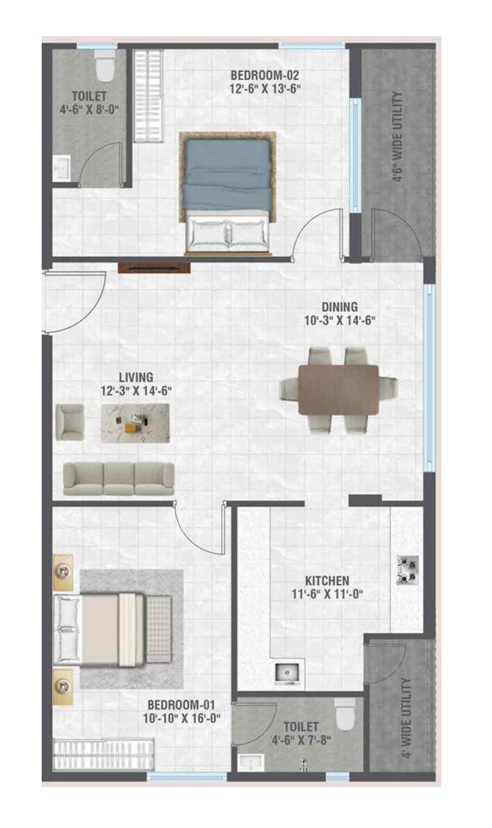 Floor plan of 2 BHK 1355 Sq. Ft. Apartment in NNK Kavyam, Hyderabad