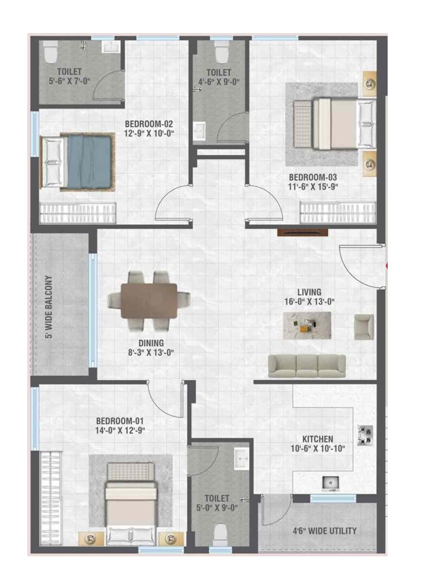 Floor plan of 3 BHK 1730 Sq. Ft. Apartment in NNK Kavyam, Hyderabad