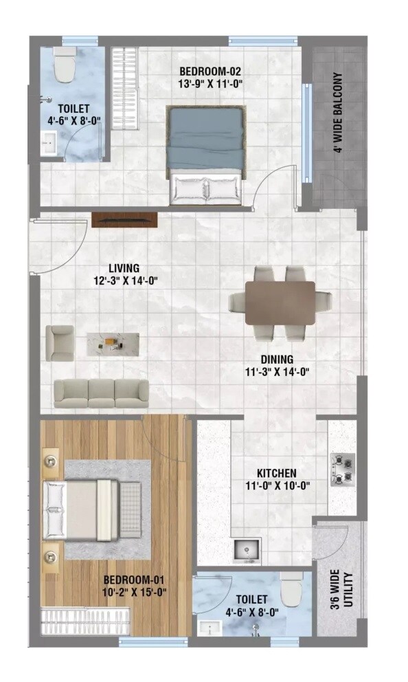 Floor plan of 2 BHK 1240 Sq. Ft. Apartment in NNK Kiara, Hyderabad