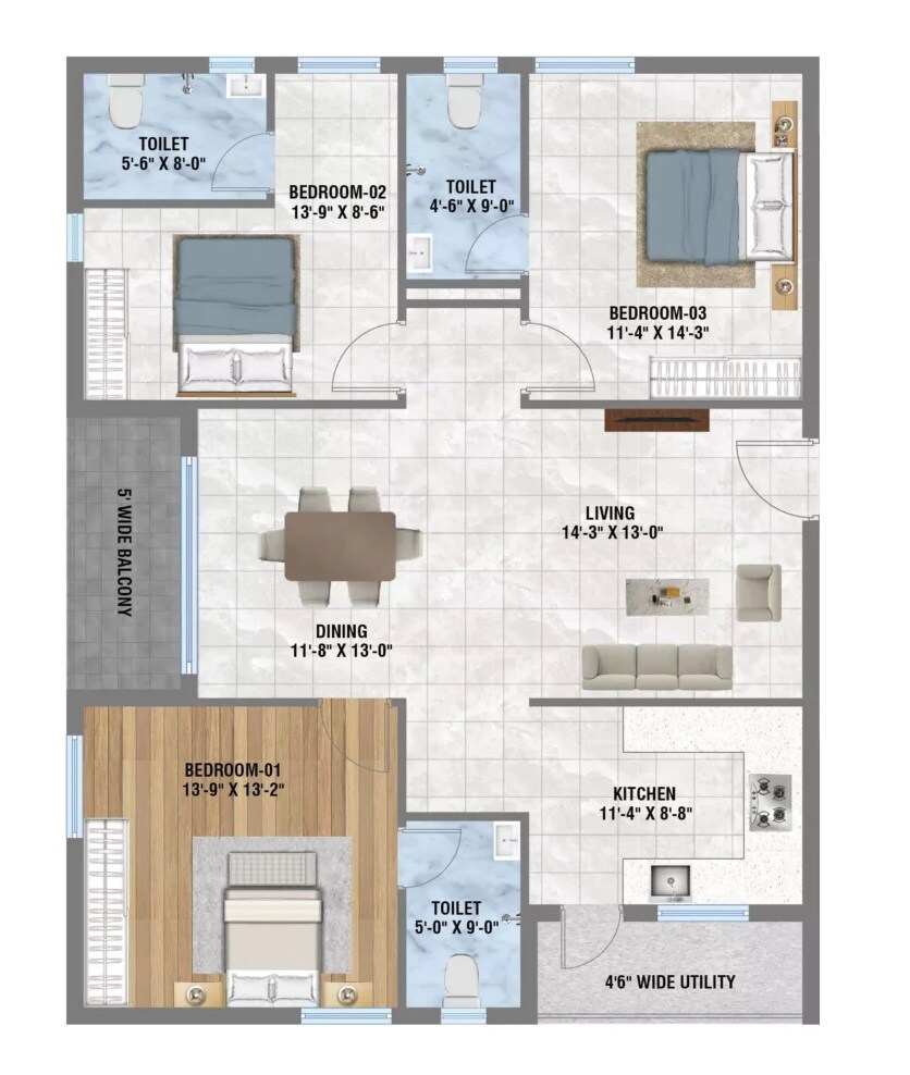 Floor plan of 3 BHK 1740 Sq. Ft. Apartment in NNK Kiara, Hyderabad