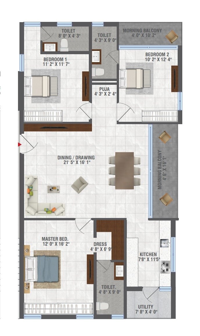 Floor plan of 3 BHK 1750 Sq. Ft. Apartment in NNK Madhu Mani Vilas, Hyderabad