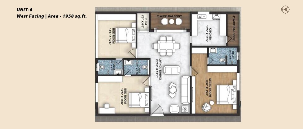 Floor plan of 3 BHK 1958 Sq. Ft. Apartment in Northstar Leela, Hyderabad