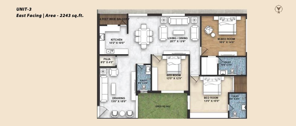 Floor plan of 3 BHK 2243 Sq. Ft. Apartment in Northstar Leela, Hyderabad