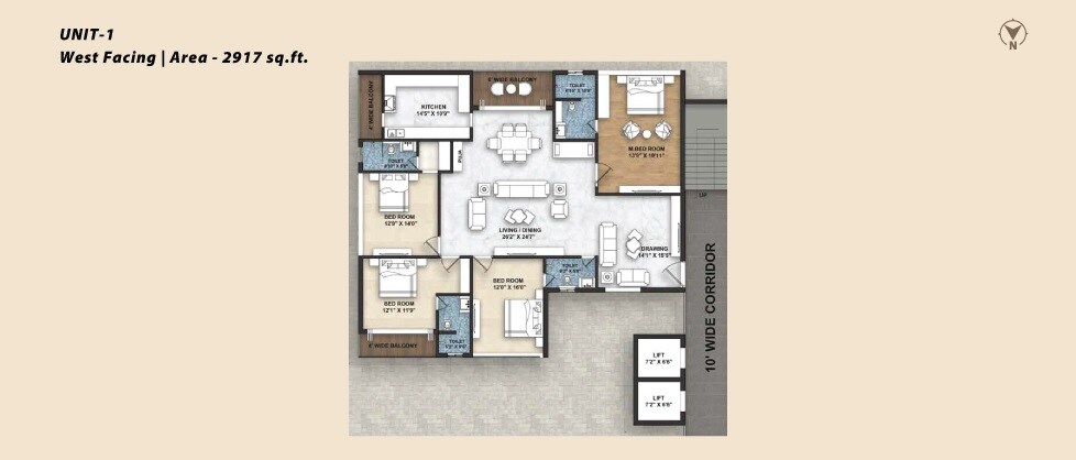 Floor plan of 4 BHK 2917 Sq. Ft. Apartment in Northstar Leela, Hyderabad