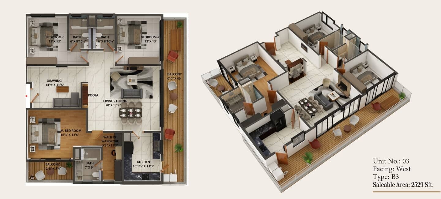 Floor plan of 3 BHK 2529 Sq. Ft. Apartment in Northstar SP Palacio, Hyderabad