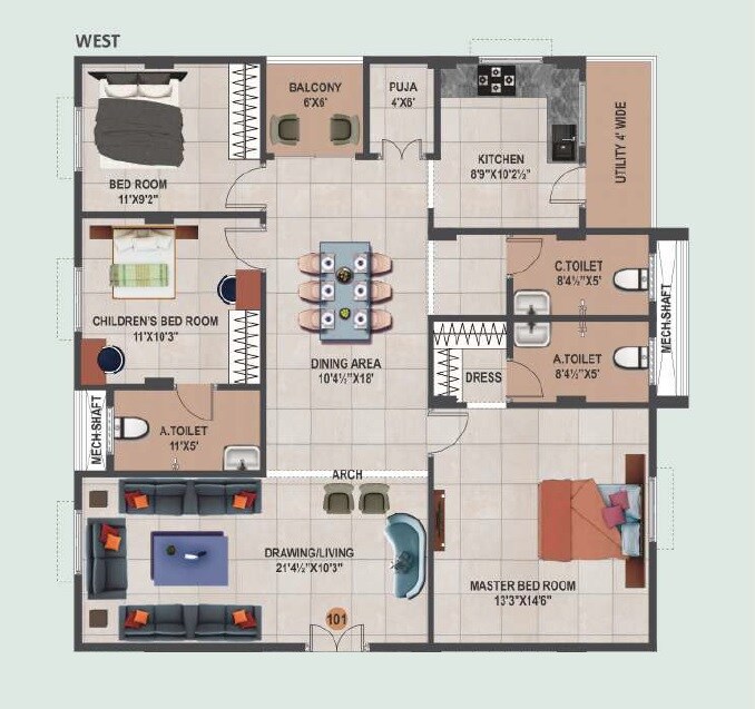 Floor plan of 3 BHK 1630 Sq. Ft. Apartment in Novateur Guru Krupa Heights, Hyderabad