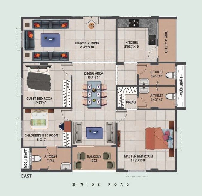 Floor plan of 3 BHK 1675 Sq. Ft. Apartment in Novateur Guru Krupa Heights, Hyderabad