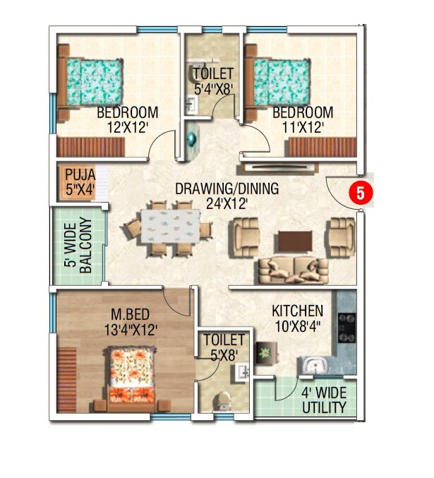 Floor plan of 3 BHK 1440 Sq. Ft. Apartment in NRS Piyush, Hyderabad