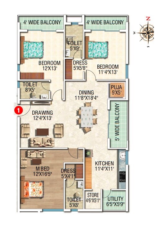Floor plan of 3 BHK 2040 Sq. Ft. Apartment in NRS Piyush, Hyderabad