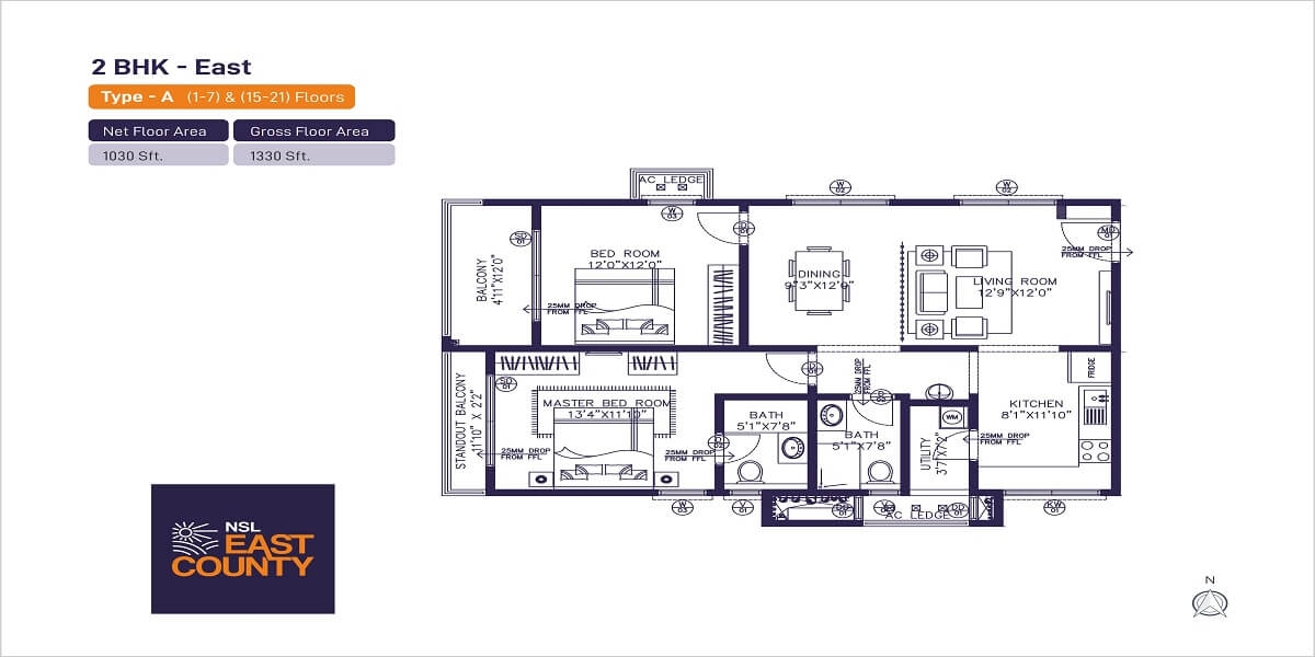 Floor plan of 2 BHK 1330 Sq. Ft. Apartment in NSL East County, Hyderabad