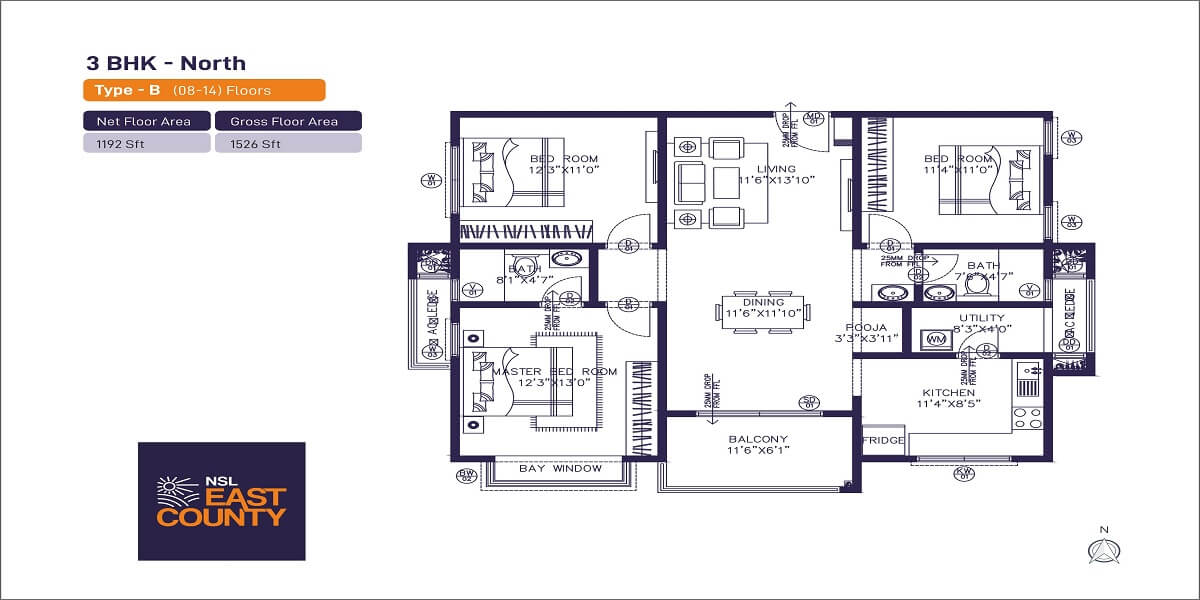 Floor plan of 3 BHK 1526 Sq. Ft. Apartment in NSL East County, Hyderabad