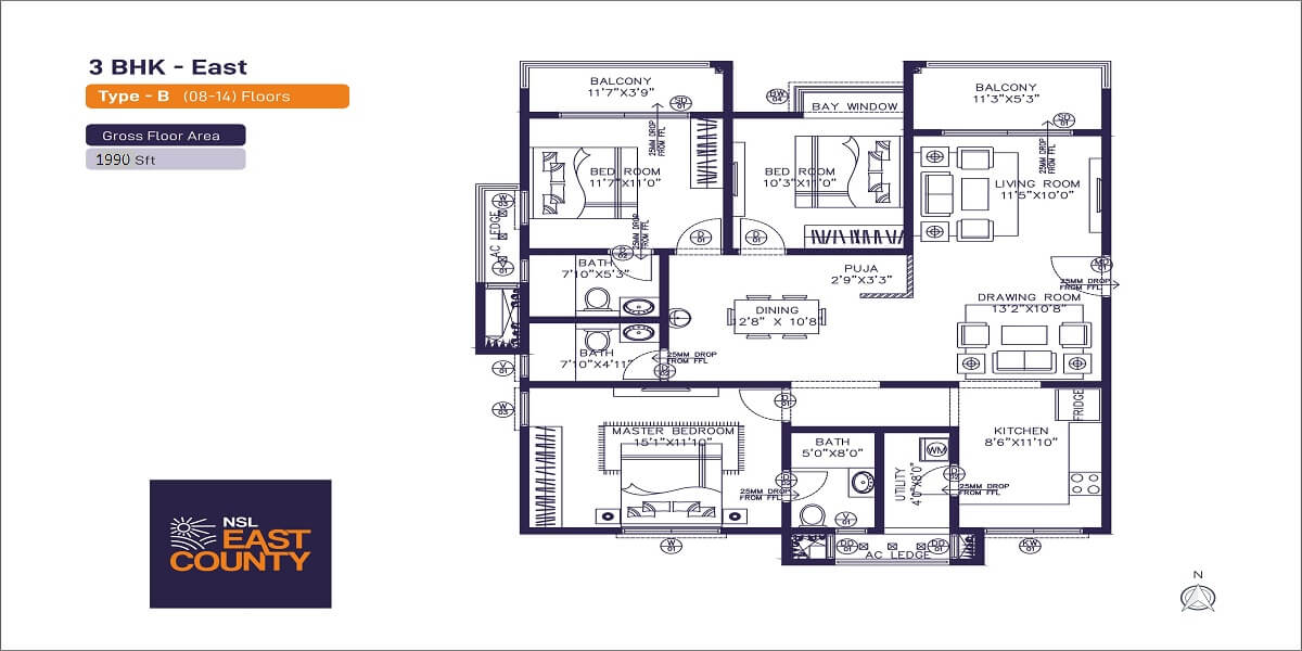 Floor plan of 3 BHK 1990 Sq. Ft. Apartment in NSL East County, Hyderabad
