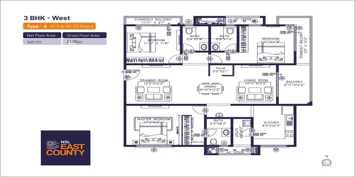 Floor plan of 3 BHK 2108 Sq. Ft. Apartment in NSL East County, Hyderabad