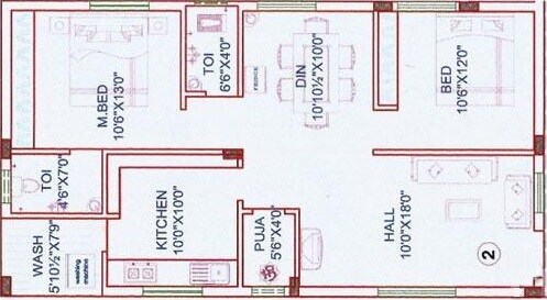Floor plan of 2 BHK 1165 Sq. Ft. Apartment in NVR Sree Sainatha Towers, Hyderabad